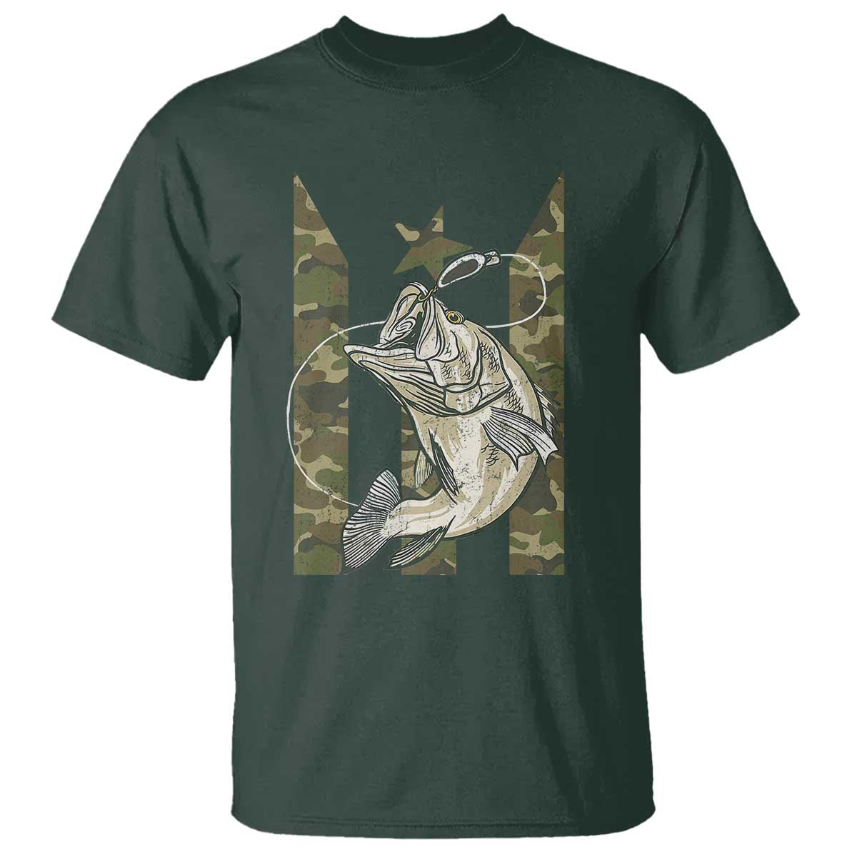 Fishing Puerto Rico Flag T Shirt Bass Fish Fisherman Camo Camouflage US Flag TS10 Dark Forest Green Print Your Wear