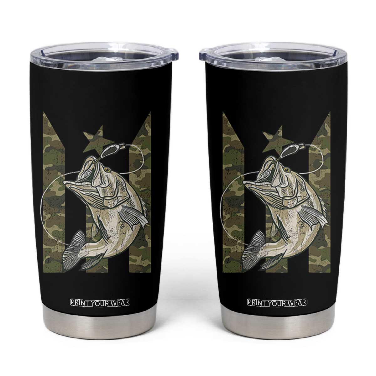 Fishing Puerto Rico Flag Tumbler Cup Bass Fish Fisherman Camo Camouflage US Flag TS10 Black Print Your Wear