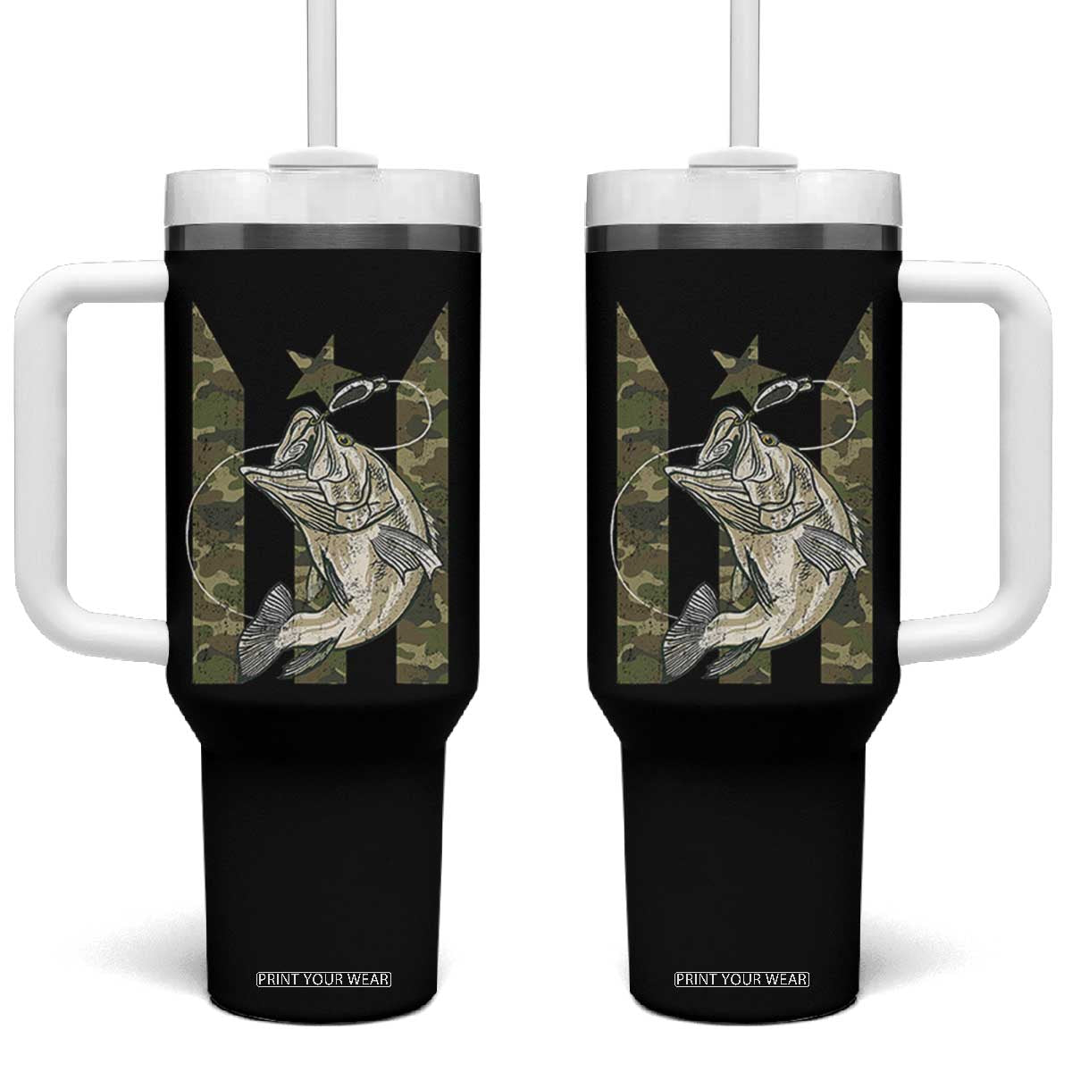 Fishing Puerto Rico Flag Tumbler With Handle Bass Fish Fisherman Camo Camouflage US Flag TS10 One Size: 40 oz Black Print Your Wear