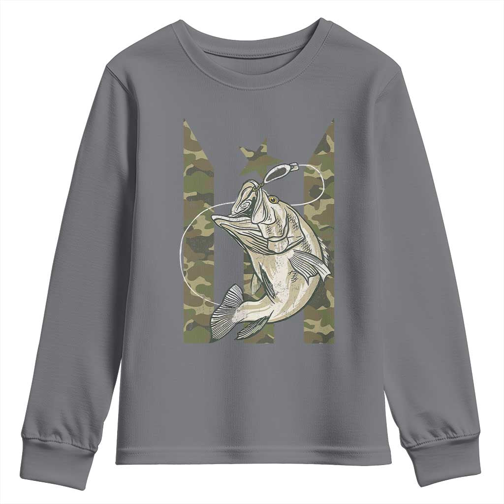 Fishing Puerto Rico Flag Youth Sweatshirt Bass Fish Fisherman Camo Camouflage US Flag TS10 Charcoal Print Your Wear