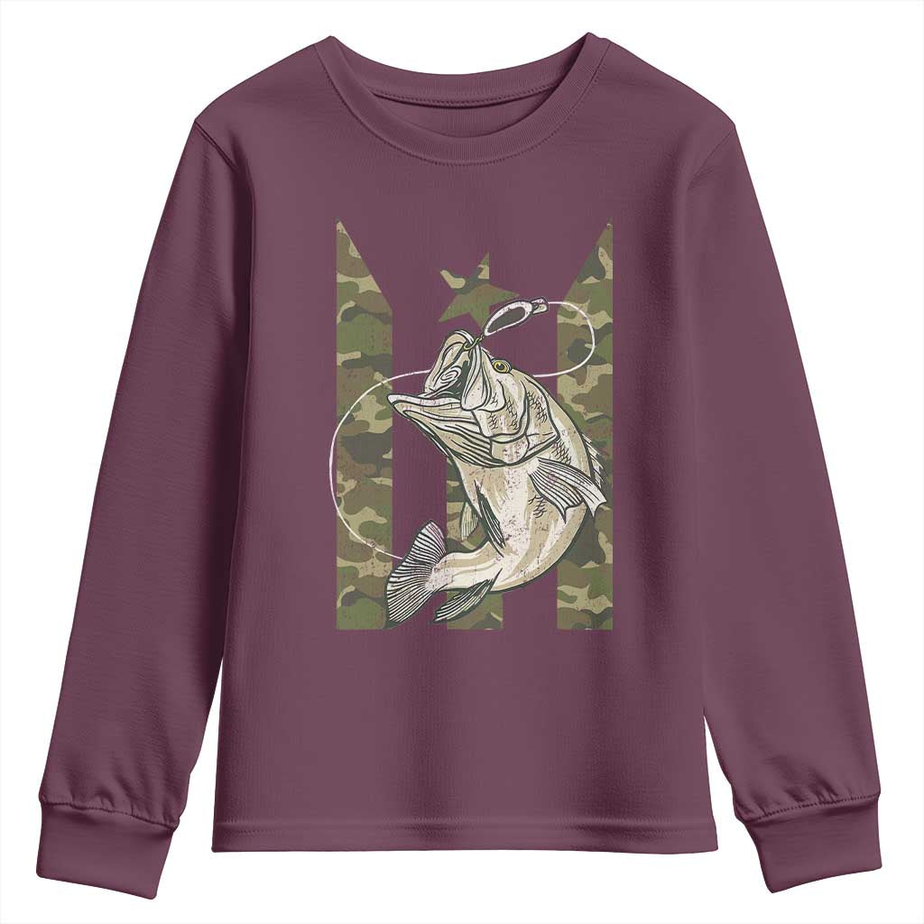 Fishing Puerto Rico Flag Youth Sweatshirt Bass Fish Fisherman Camo Camouflage US Flag TS10 Maroon Print Your Wear