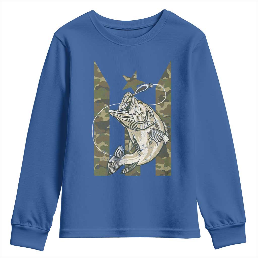 Fishing Puerto Rico Flag Youth Sweatshirt Bass Fish Fisherman Camo Camouflage US Flag TS10 Royal Blue Print Your Wear