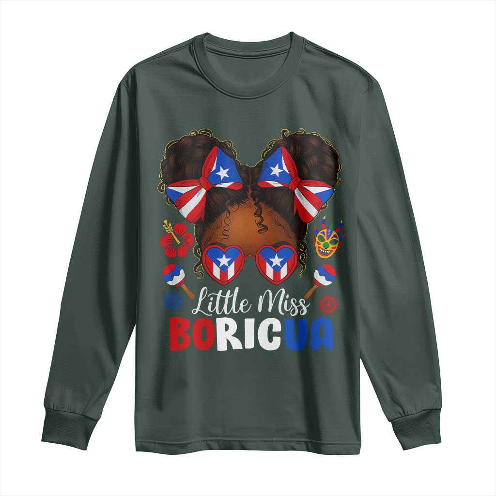 Little Miss Boricua Long Sleeve Shirt Puerto Rican Afro Messy Bun Girls Kids TS10 Dark Forest Green Print Your Wear