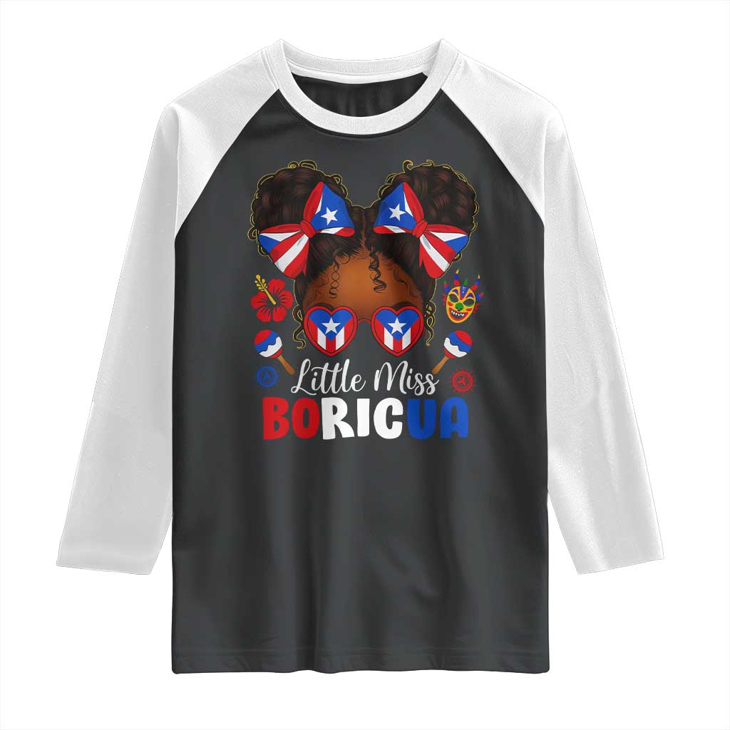 Little Miss Boricua Raglan Shirt Puerto Rican Afro Messy Bun Girls Kids TS10 Black White Print Your Wear