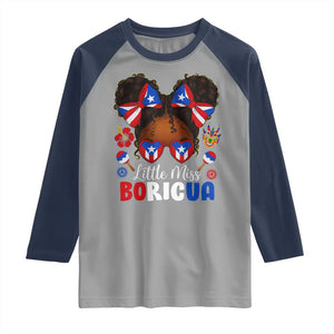 Little Miss Boricua Raglan Shirt Puerto Rican Afro Messy Bun Girls Kids TS10 Sport Gray Navy Print Your Wear