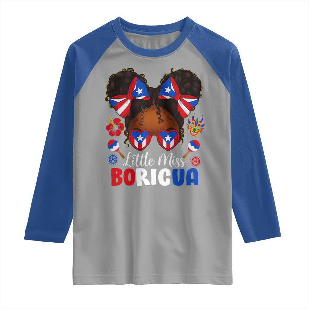 Little Miss Boricua Raglan Shirt Puerto Rican Afro Messy Bun Girls Kids TS10 Sport Gray Royal Print Your Wear