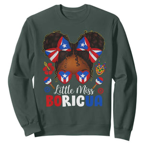 Little Miss Boricua Sweatshirt Puerto Rican Afro Messy Bun Girls Kids TS10 Dark Forest Green Print Your Wear
