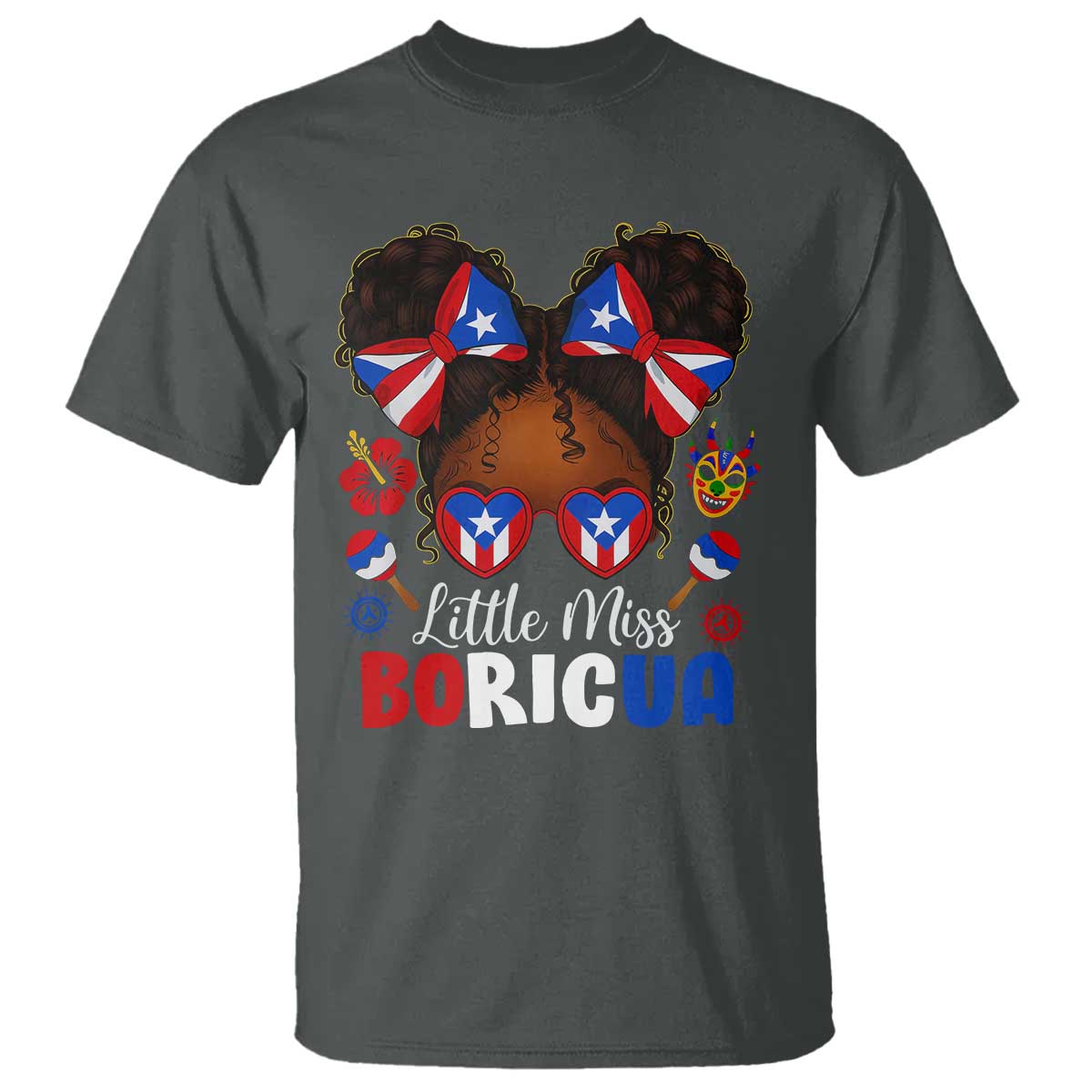 Little Miss Boricua T Shirt Puerto Rican Afro Messy Bun Girls Kids TS10 Dark Heather Print Your Wear