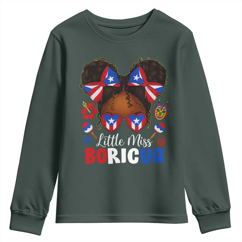 Little Miss Boricua Youth Sweatshirt Puerto Rican Afro Messy Bun Girls Kids TS10 Dark Forest Green Print Your Wear