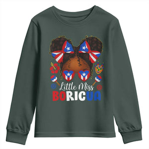 Little Miss Boricua Youth Sweatshirt Puerto Rican Afro Messy Bun Girls Kids TS10 Dark Forest Green Print Your Wear