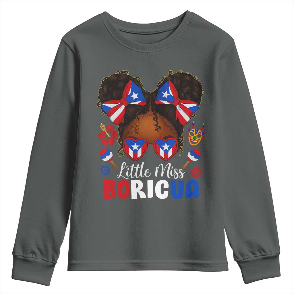 Little Miss Boricua Youth Sweatshirt Puerto Rican Afro Messy Bun Girls Kids TS10 Dark Heather Print Your Wear