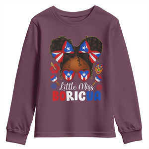 Little Miss Boricua Youth Sweatshirt Puerto Rican Afro Messy Bun Girls Kids TS10 Maroon Print Your Wear