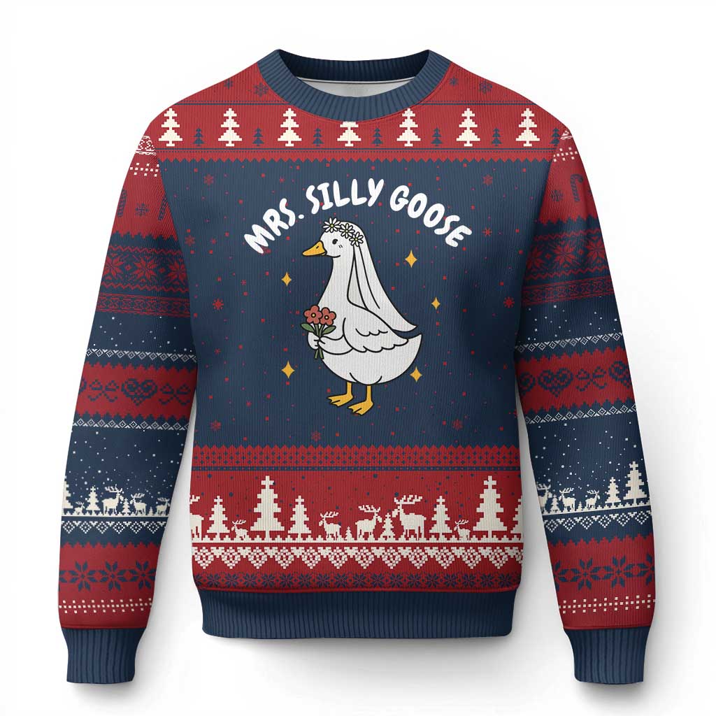 Mrs. Silly Goose Bride Ugly Christmas Sweater Funny Goose Lovers Bride To Be TS10 Navy Red Print Your Wear