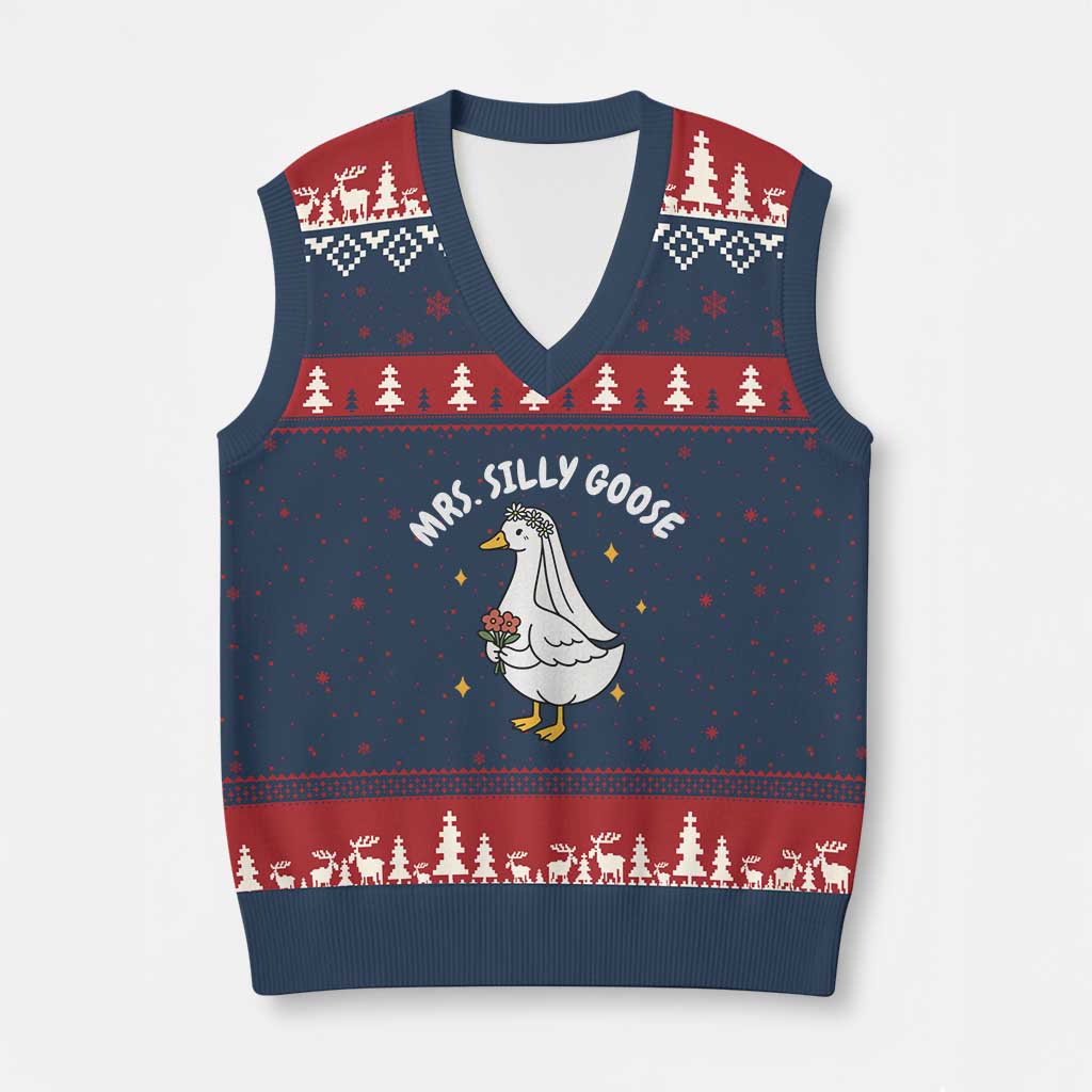 Mrs. Silly Goose Bride V-Neck Knit Sweater Vest Funny Goose Lovers Bride To Be TS10 Navy Red Print Your Wear