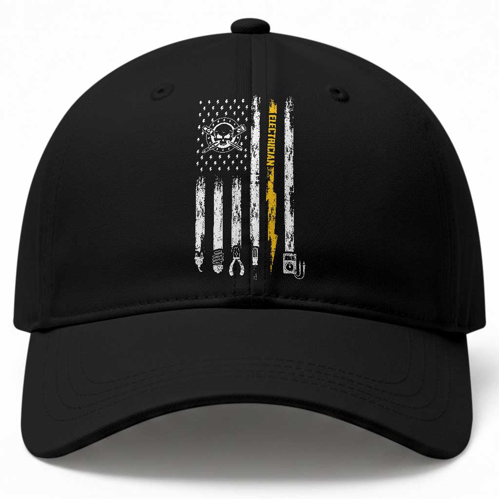 Electrician US Flag Baseball Cap Tools for Electricians Skull Lightning Graphic