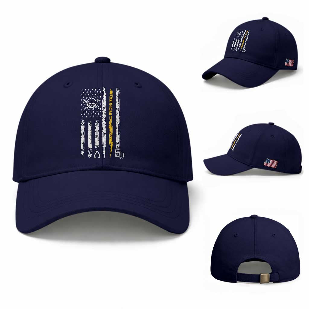 Electrician US Flag Baseball Cap Tools for Electricians Skull Lightning Graphic