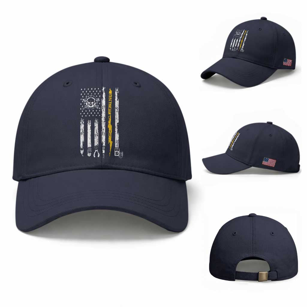 Electrician US Flag Baseball Cap Tools for Electricians Skull Lightning Graphic