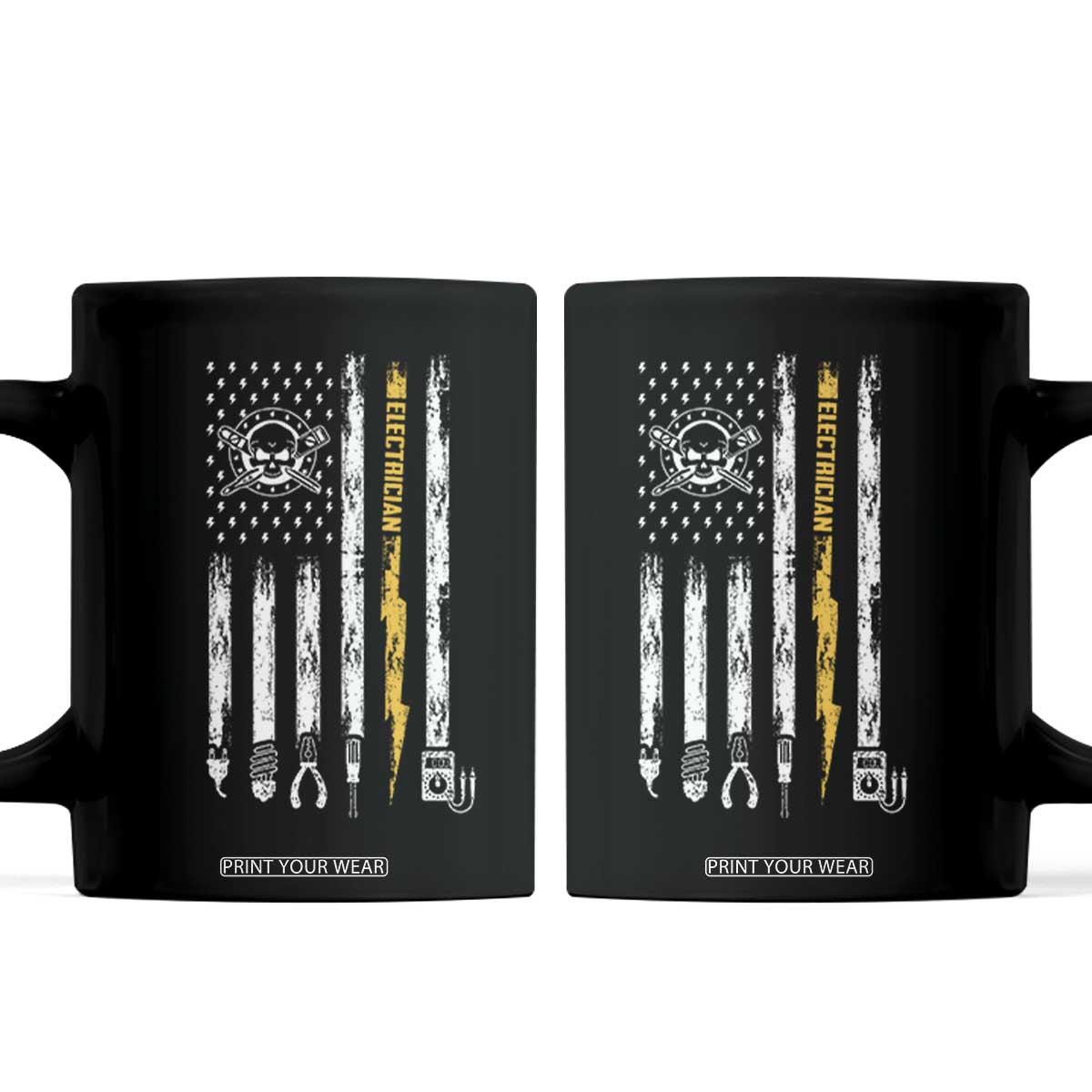 Electrician US Flag Coffee Mug Tools for Electricians Skull Lightning Graphic