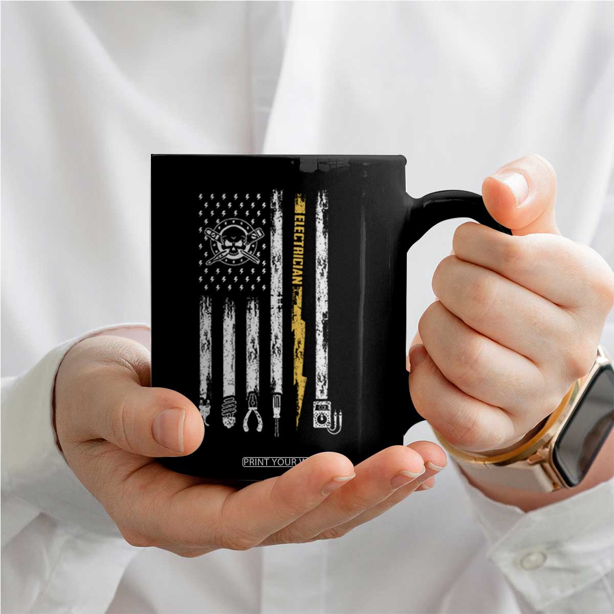 Electrician US Flag Coffee Mug Tools for Electricians Skull Lightning Graphic
