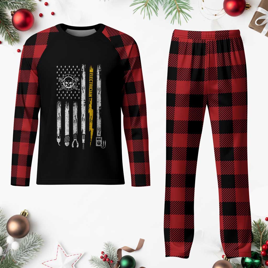Electrician US Flag Plaid Pajama Set Tools for Electricians Skull Lightning Graphic TS10 Buffalo Plaid Print Your Wear