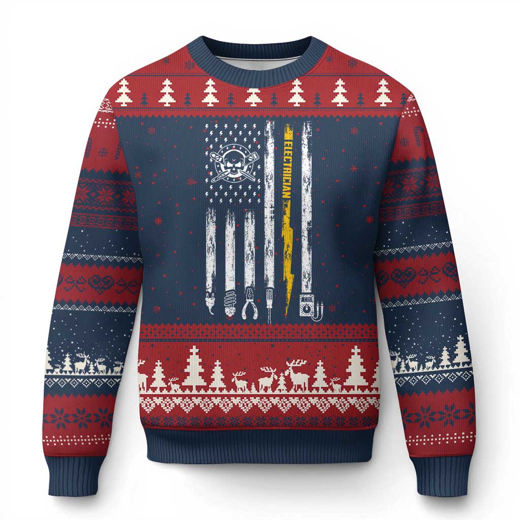 Electrician US Flag Ugly Christmas Sweater Tools for Electricians Skull Lightning Graphic