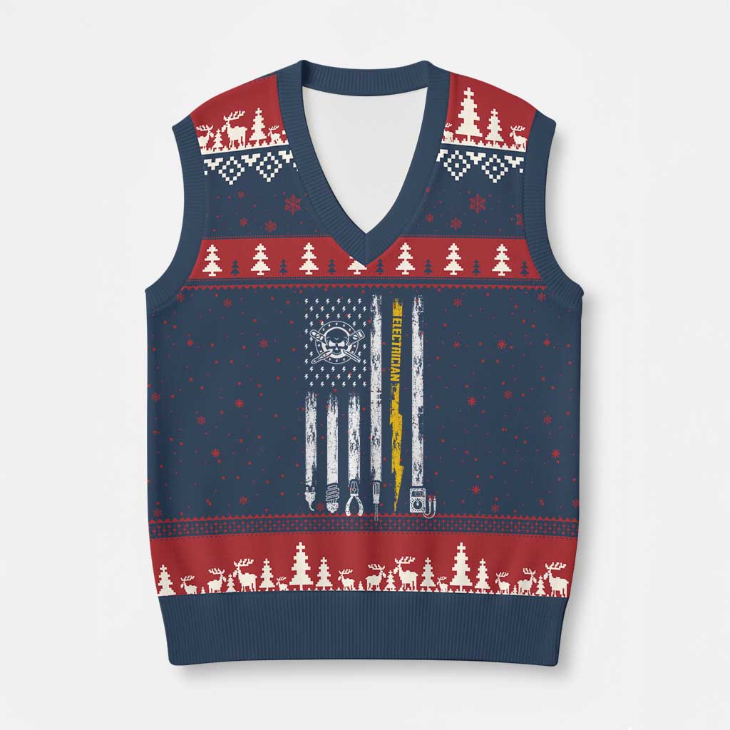 Electrician US Flag V-Neck Knit Sweater Vest Tools for Electricians Skull Lightning Graphic
