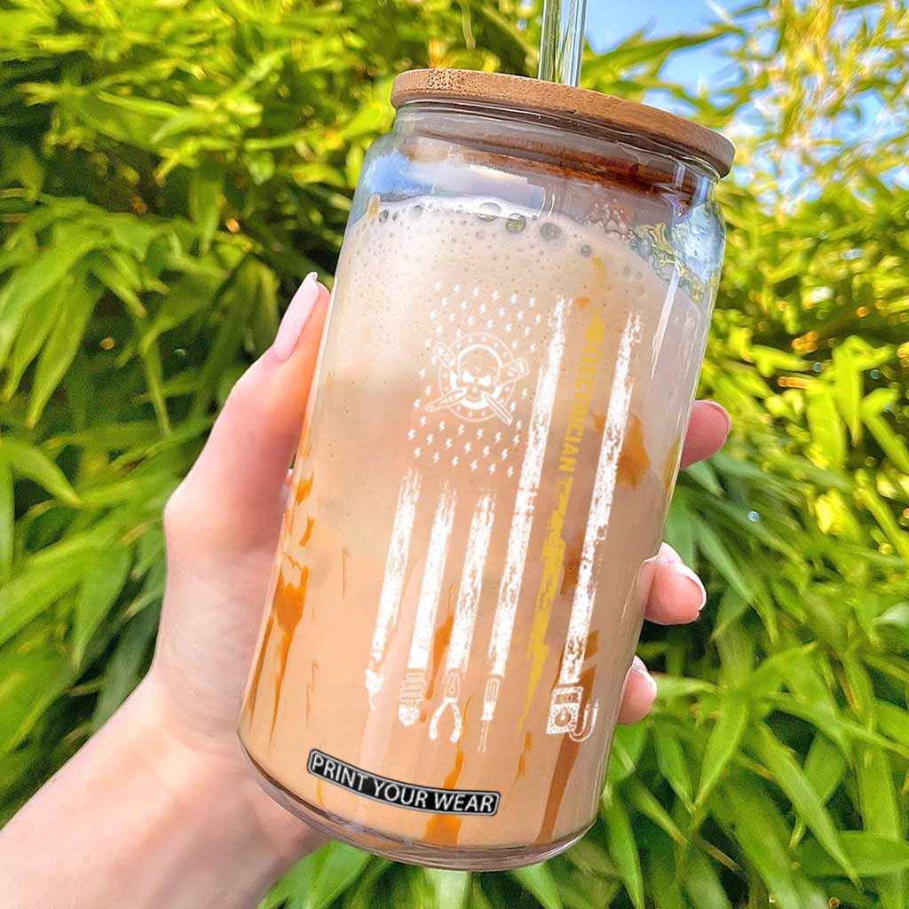 Electrician US Flag Glass Can Tools for Electricians Skull Lightning Graphic