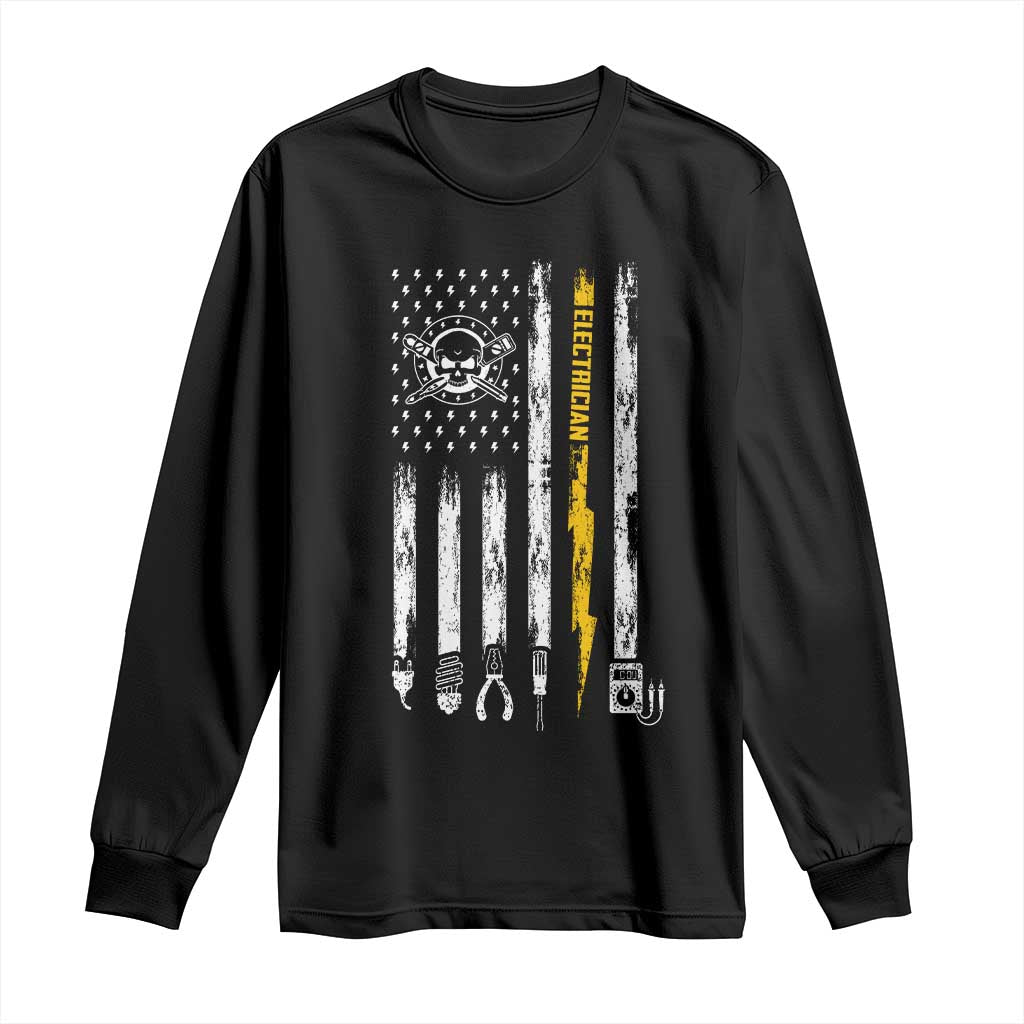 Electrician US Flag Long Sleeve Shirt Tools for Electricians Skull Lightning Graphic