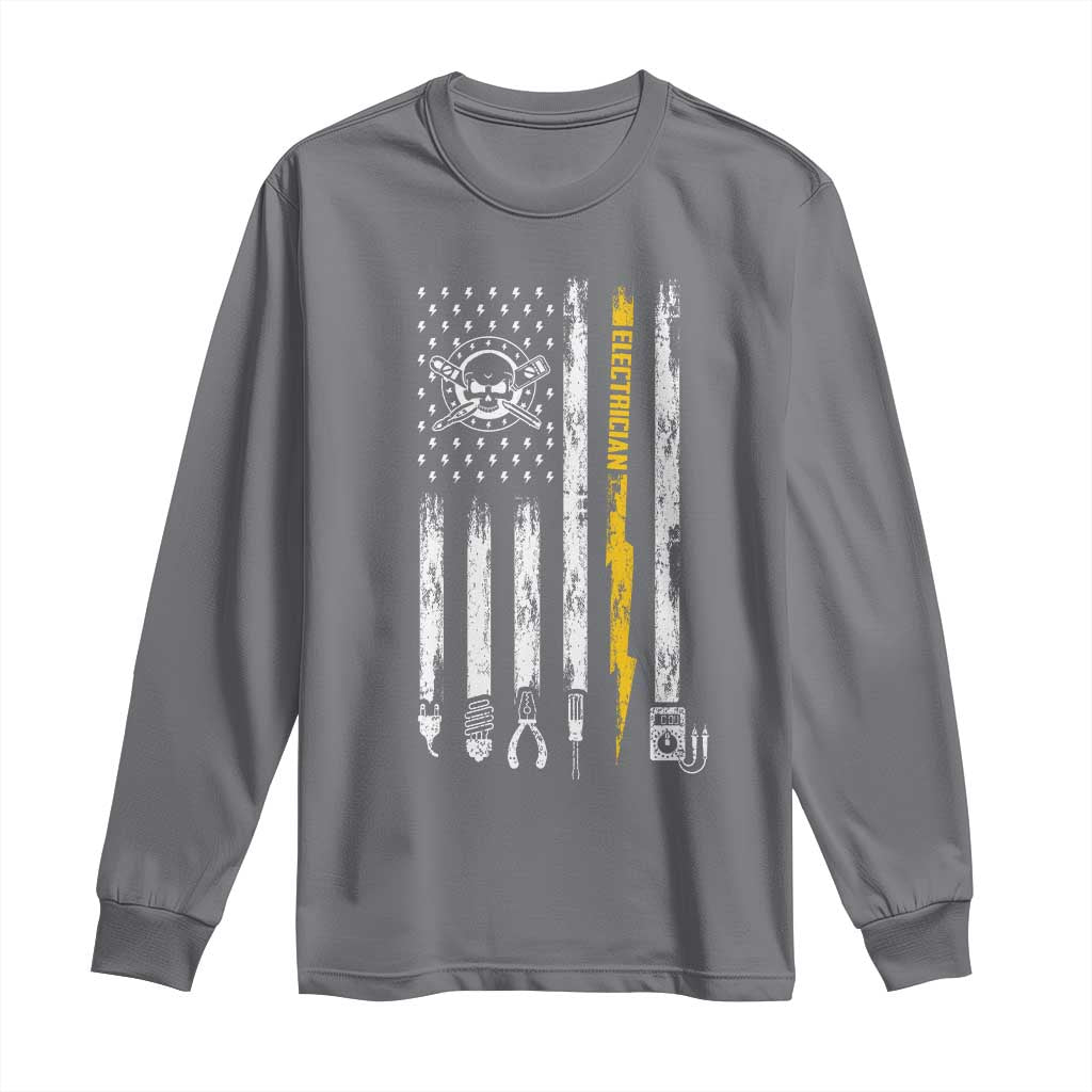 Electrician US Flag Long Sleeve Shirt Tools for Electricians Skull Lightning Graphic