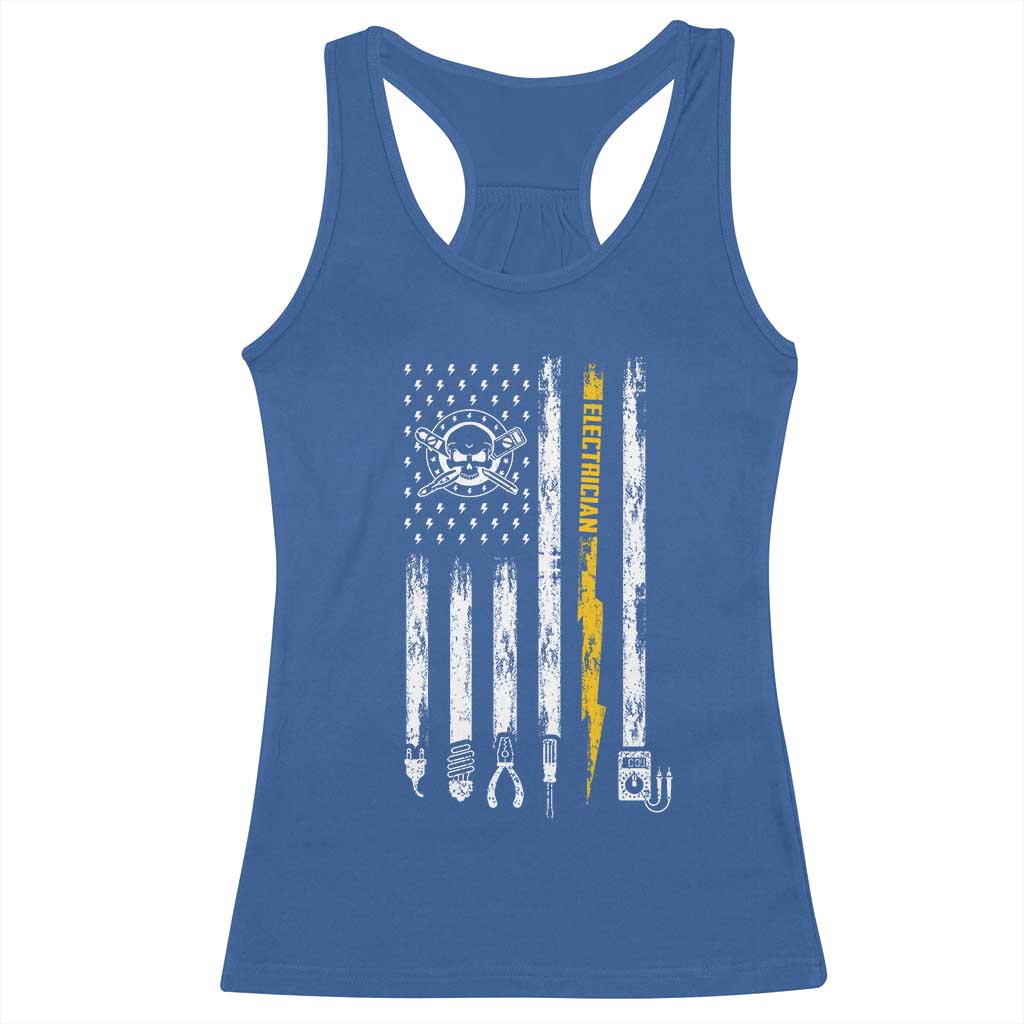 Electrician US Flag Racerback Tank Top Tools for Electricians Skull Lightning Graphic