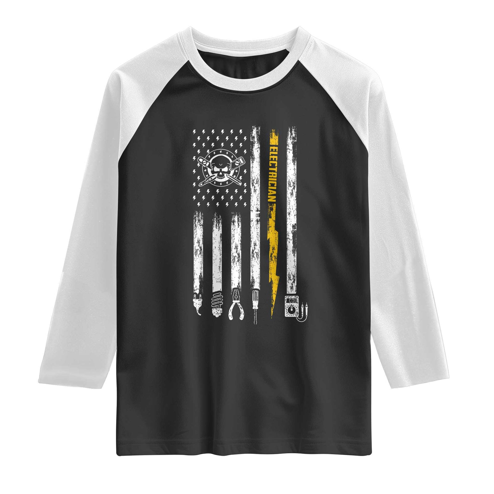 Electrician US Flag Raglan Shirt Tools for Electricians Skull Lightning Graphic TS10 Black White Print Your Wear