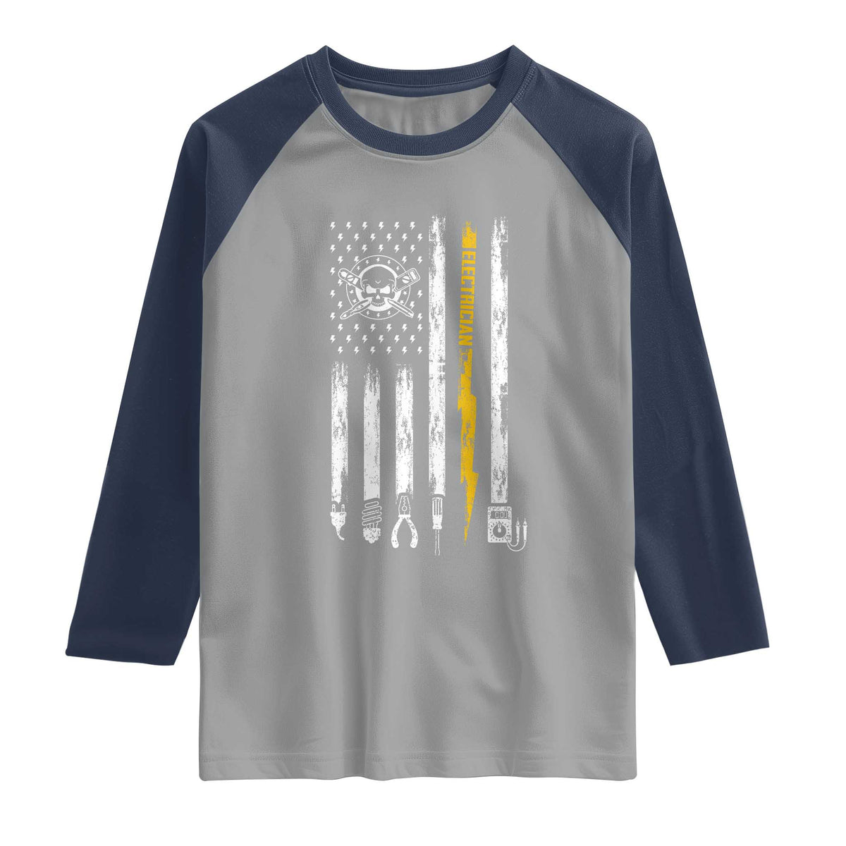 Electrician US Flag Raglan Shirt Tools for Electricians Skull Lightning Graphic