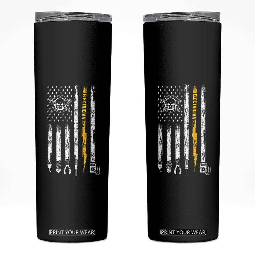 Electrician US Flag Skinny Tumbler Tools for Electricians Skull Lightning Graphic