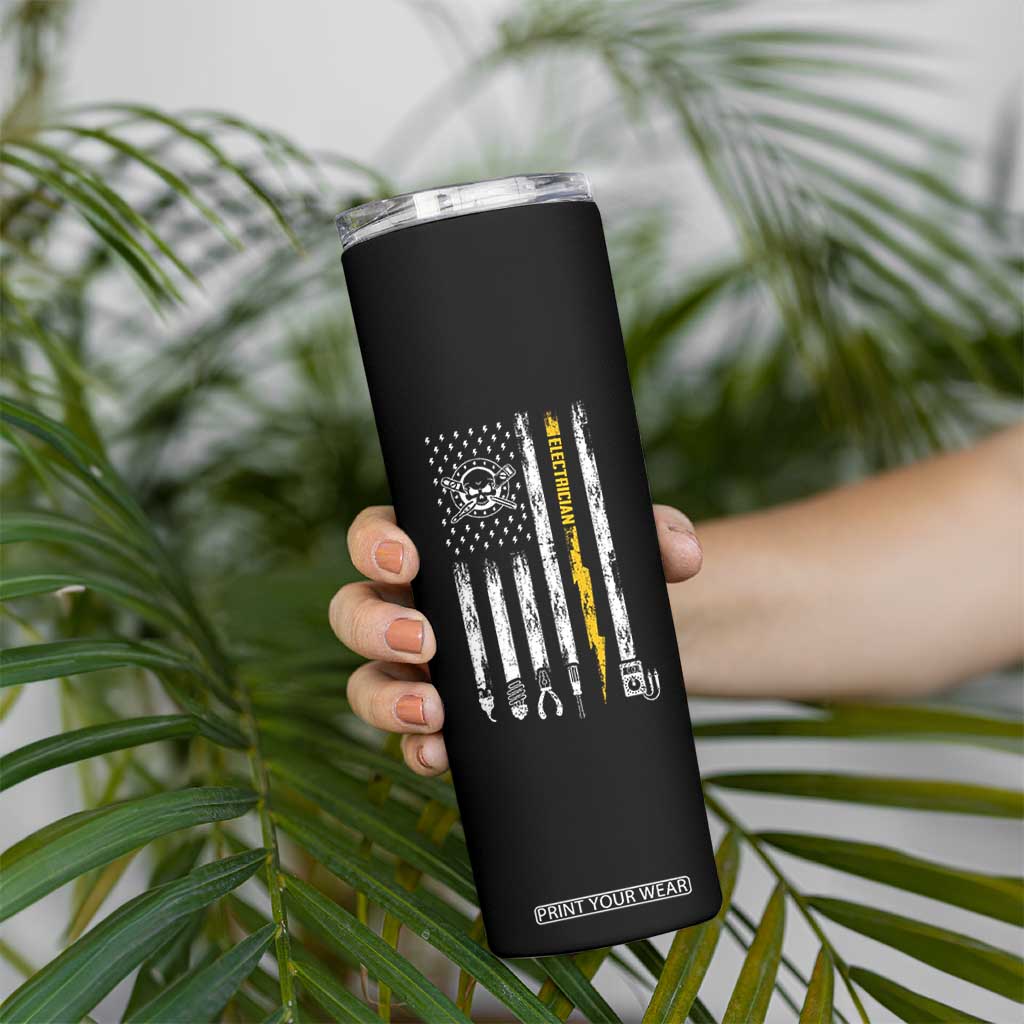 Electrician US Flag Skinny Tumbler Tools for Electricians Skull Lightning Graphic