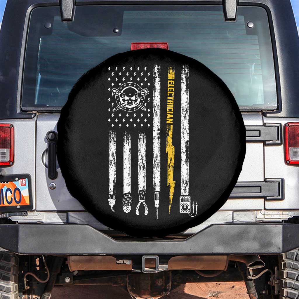 Electrician US Flag Spare Tire Cover Tools for Electricians Skull Lightning Graphic TS10 No hole Black Print Your Wear