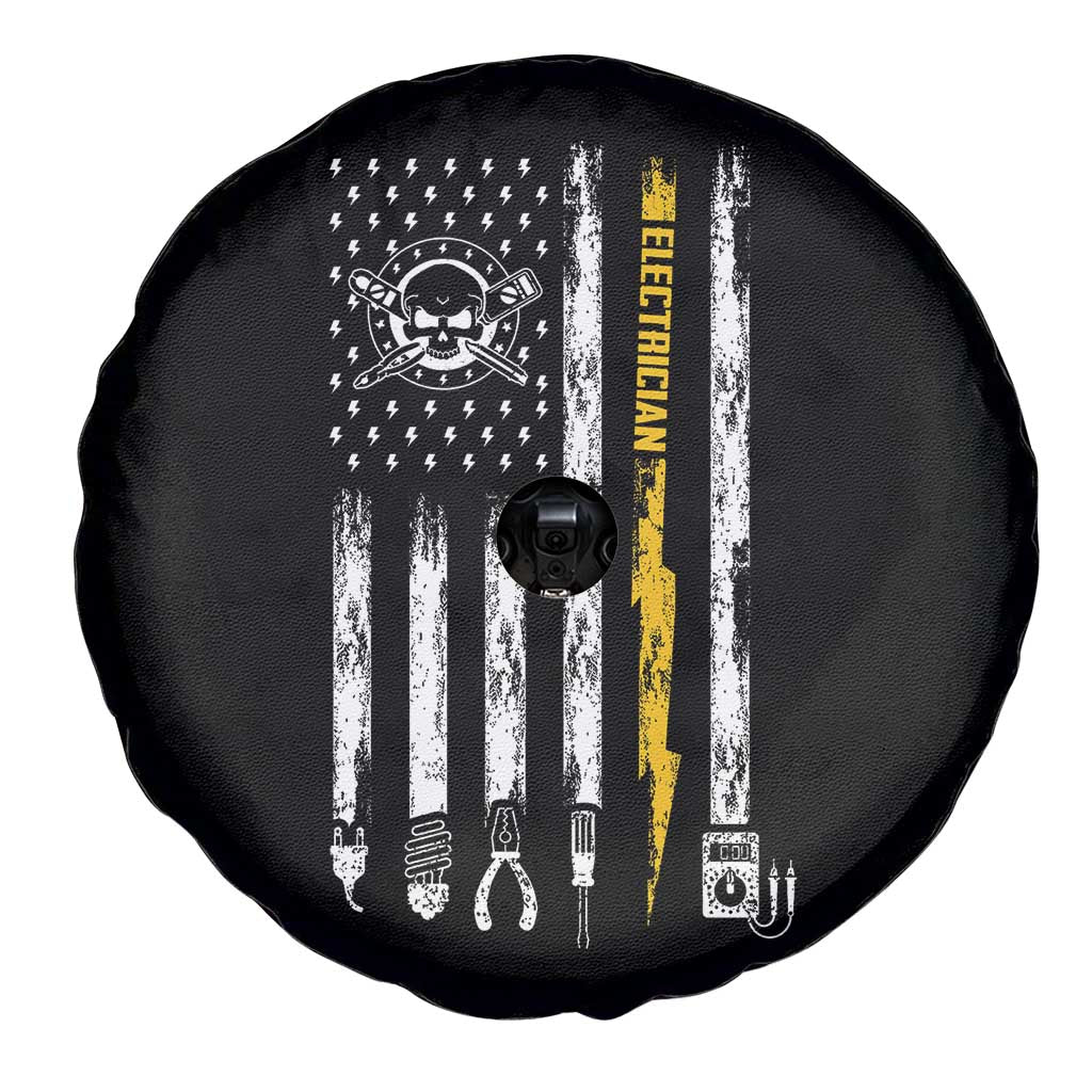 Electrician US Flag Spare Tire Cover Tools for Electricians Skull Lightning Graphic