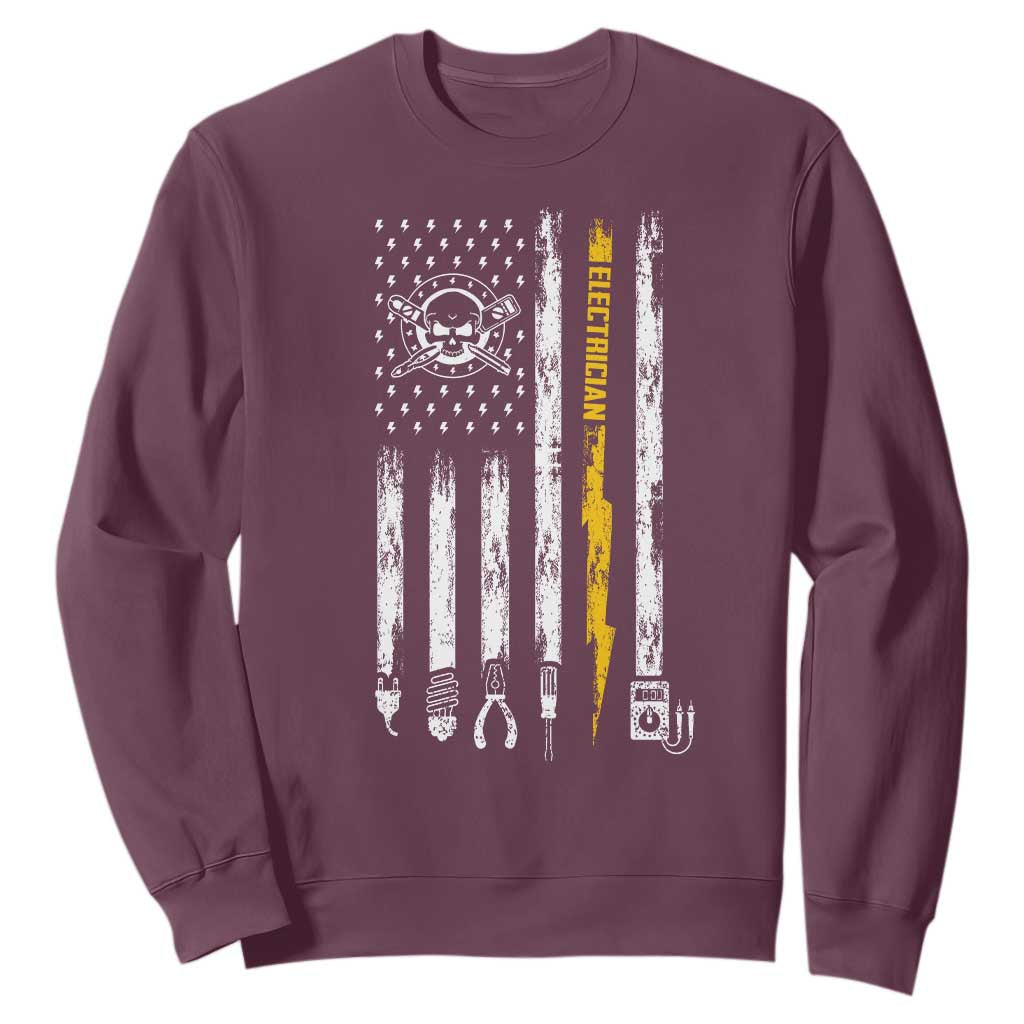 Electrician US Flag Sweatshirt Tools for Electricians Skull Lightning Graphic