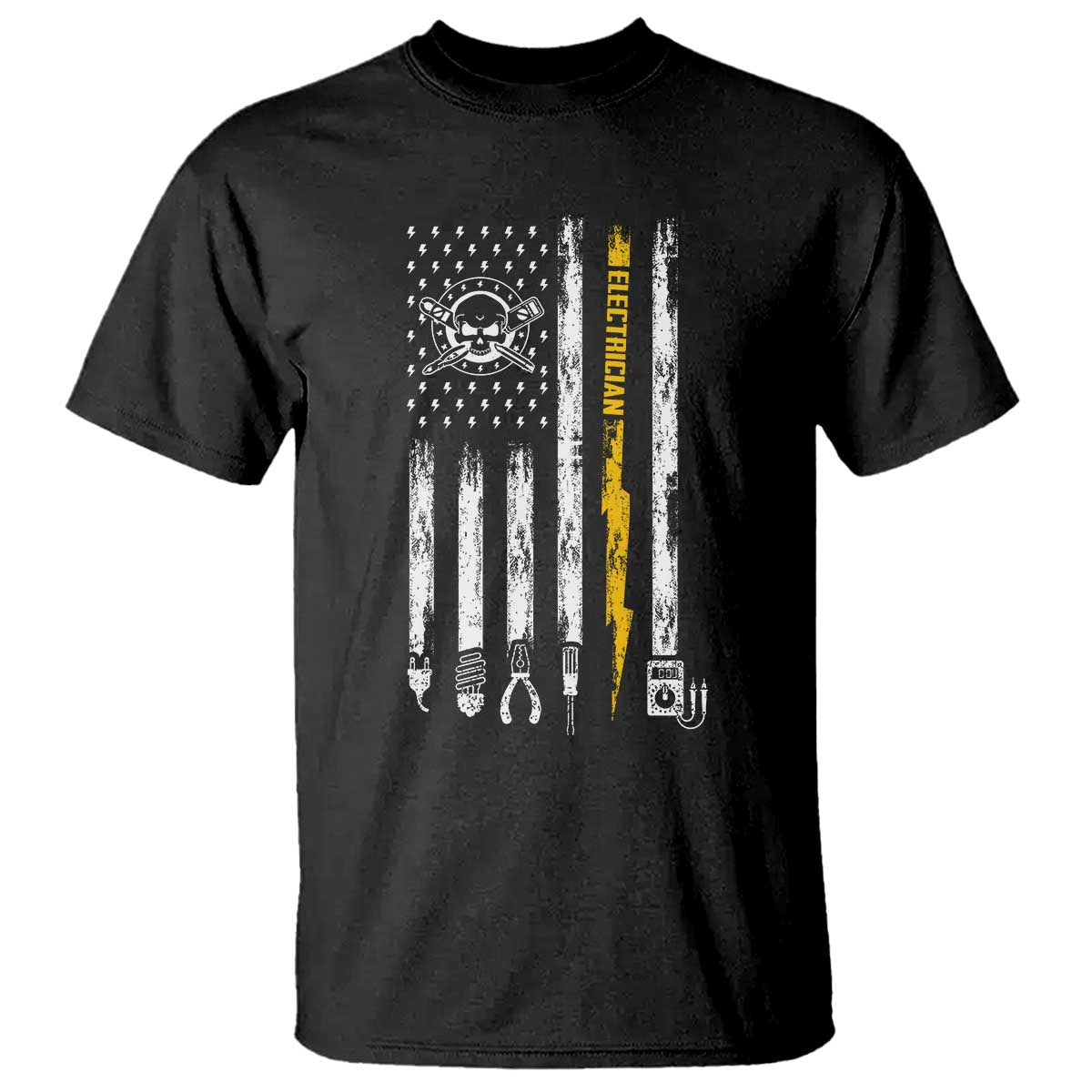 Electrician US Flag T Shirt Tools for Electricians Skull Lightning Graphic TS10 Black Print Your Wear