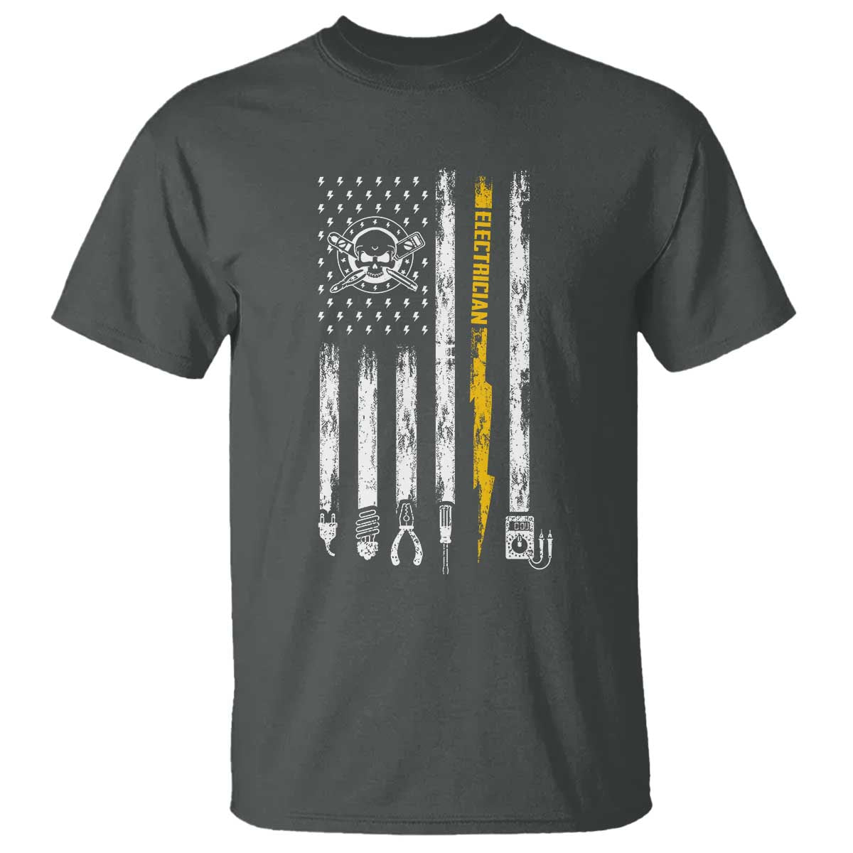 Electrician US Flag T Shirt Tools for Electricians Skull Lightning Graphic