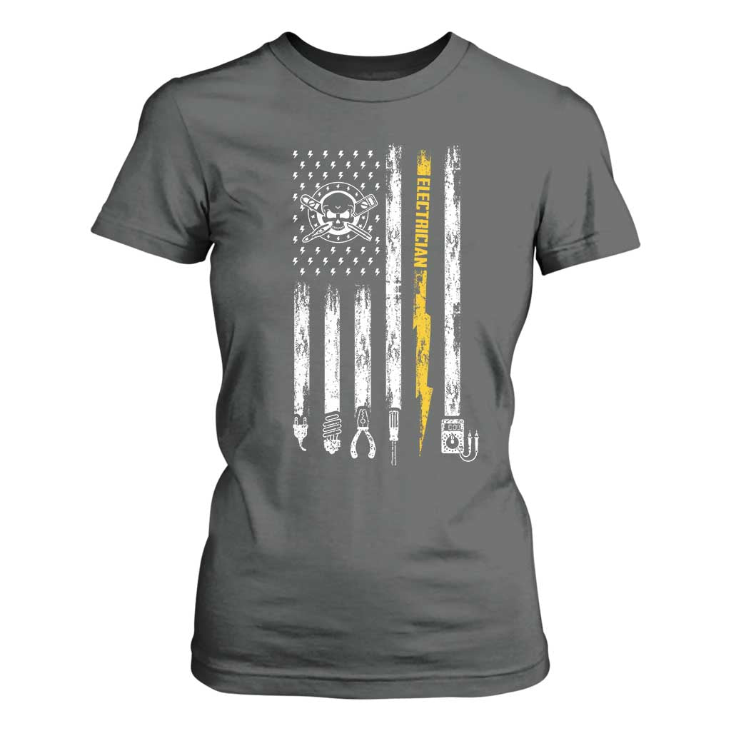 Electrician US Flag T Shirt For Women Tools for Electricians Skull Lightning Graphic