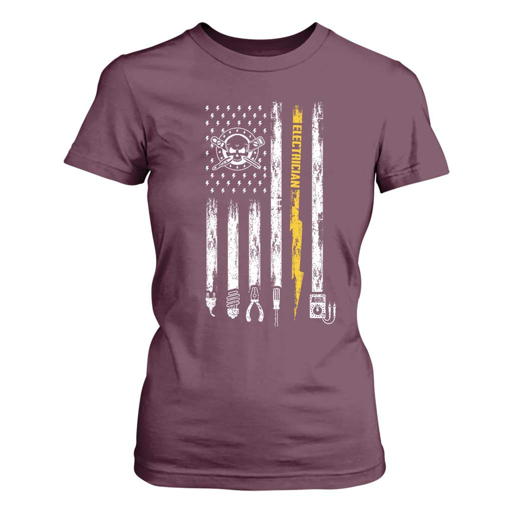 Electrician US Flag T Shirt For Women Tools for Electricians Skull Lightning Graphic