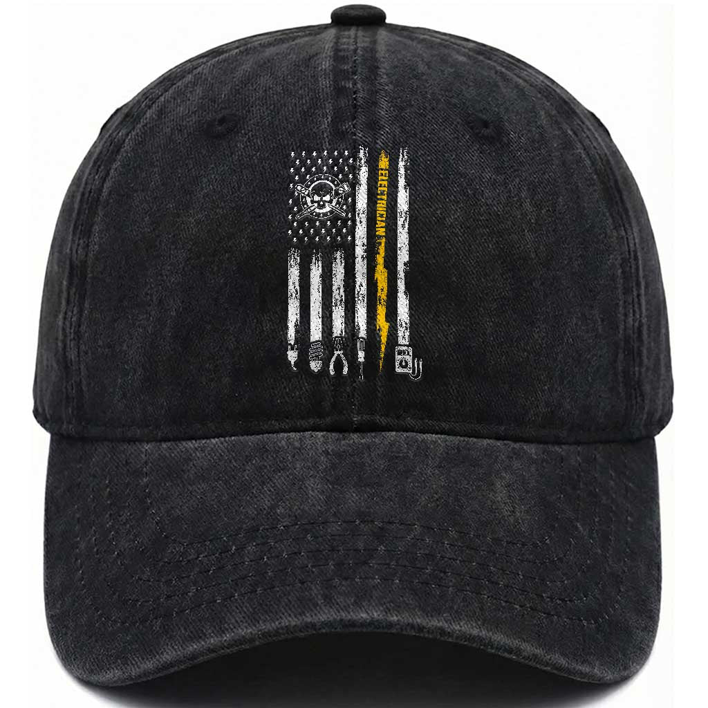 Electrician US Flag Washed Cotton Baseball Cap Tools for Electricians Skull Lightning Graphic TS10 Print Your Wear