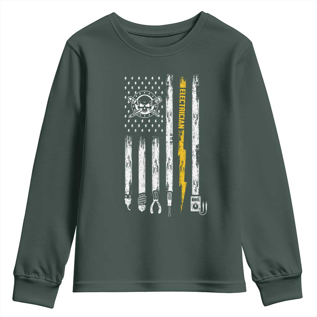 Electrician US Flag Youth Sweatshirt Tools for Electricians Skull Lightning Graphic