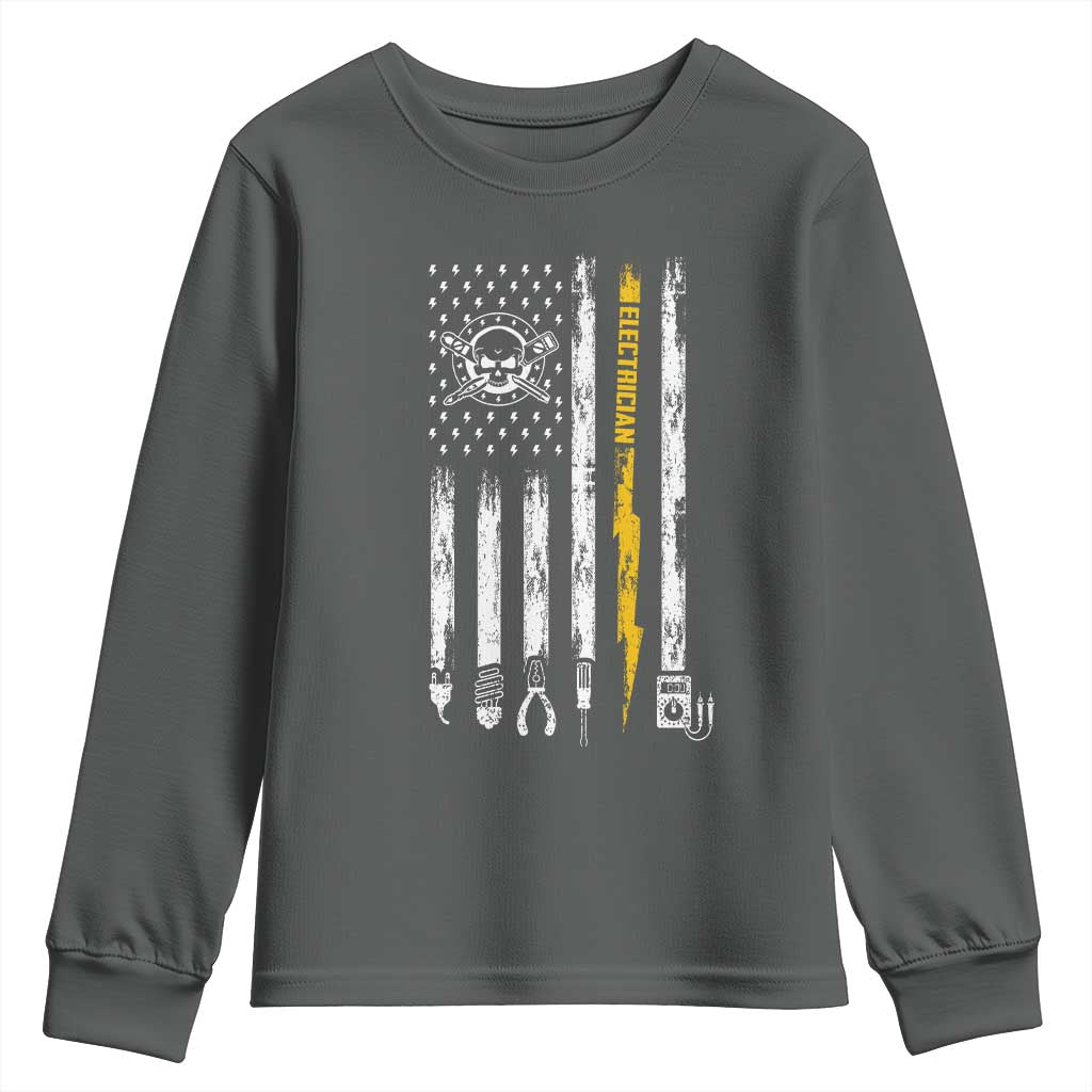 Electrician US Flag Youth Sweatshirt Tools for Electricians Skull Lightning Graphic