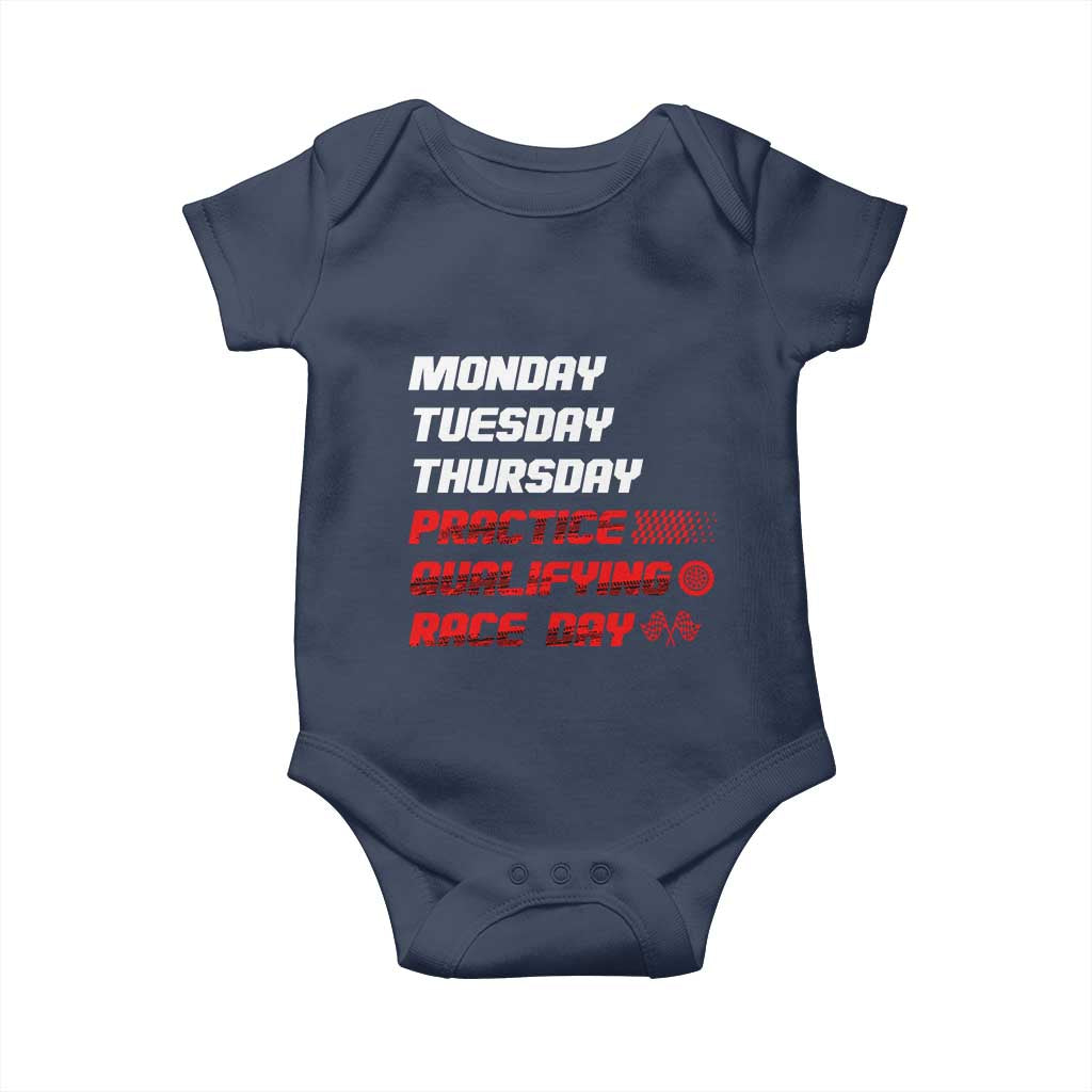 Monday Tuesday Thursday Practice Qualifying Race Day Baby Onesie TS10 Navy Print Your Wear
