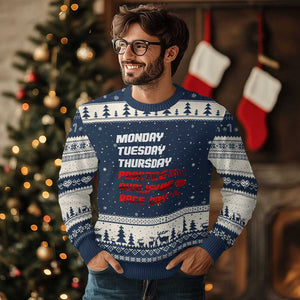 Monday Tuesday Thursday Practice Qualifying Race Day Ugly Christmas Sweater TS10 Navy Beige Print Your Wear