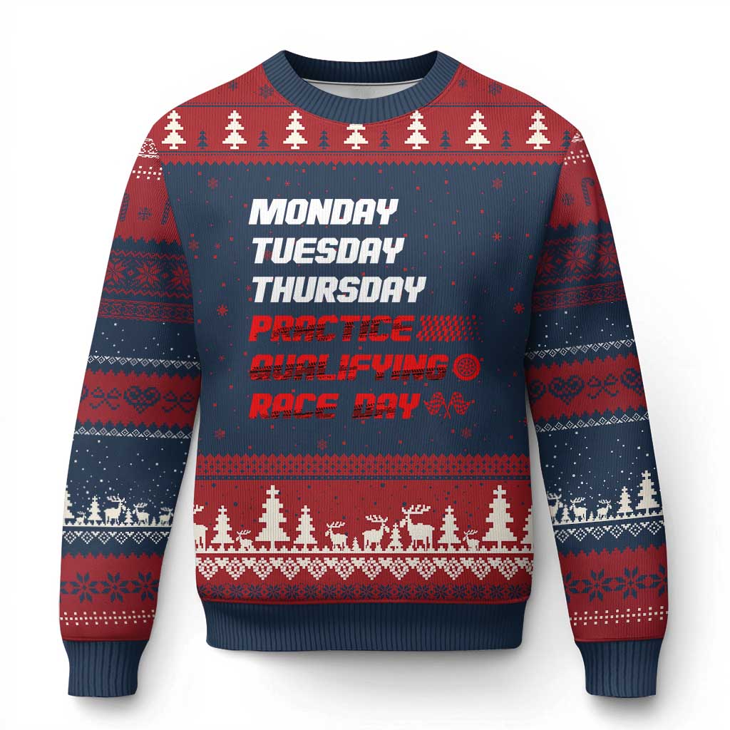 Monday Tuesday Thursday Practice Qualifying Race Day Ugly Christmas Sweater TS10 Navy Red Print Your Wear