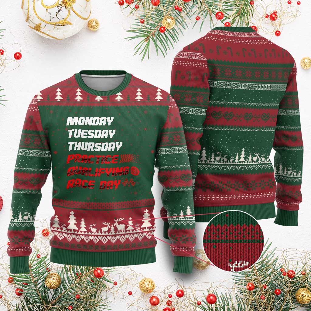Monday Tuesday Thursday Practice Qualifying Race Day Ugly Christmas Sweater TS10 Red Green Print Your Wear