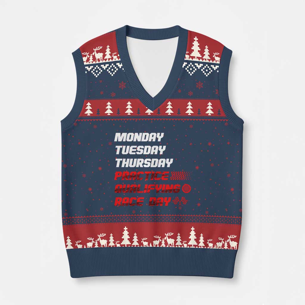 Monday Tuesday Thursday Practice Qualifying Race Day V-Neck Knit Sweater Vest TS10 Navy Red Print Your Wear