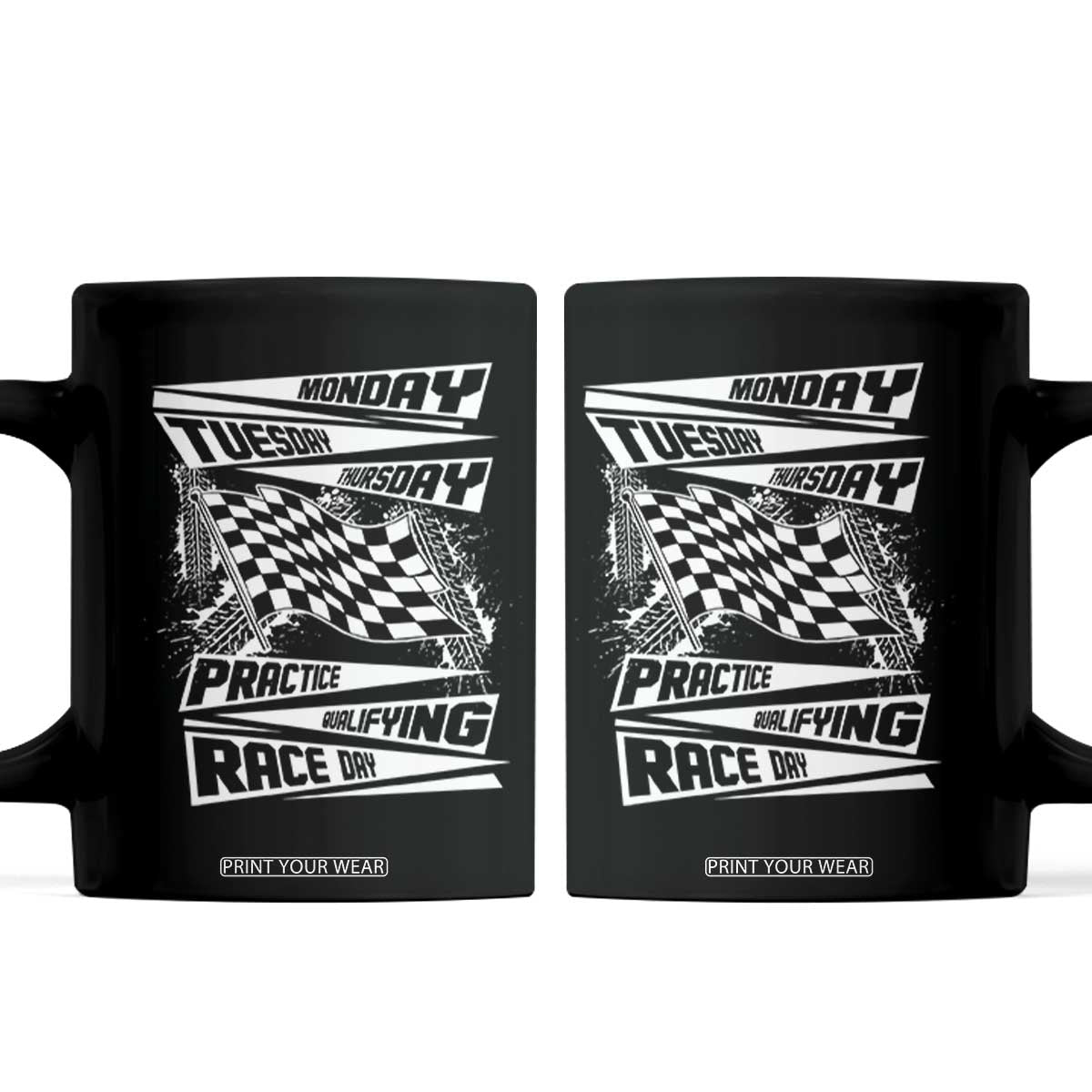 Monday Tuesday Thursday Practice Qualifying Race Day Coffee Mug Retro Vintage Watercolors Checkered Flag TS10 Black Print Your Wear